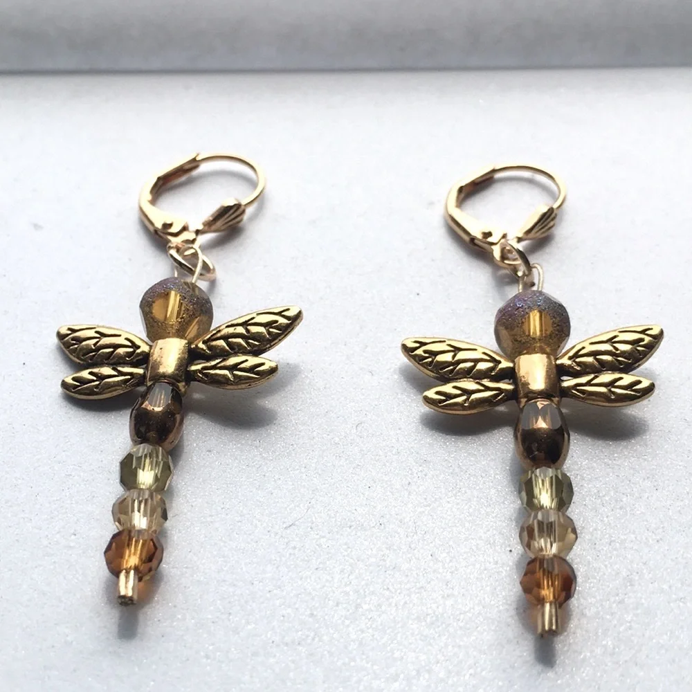 🟥Brand New Dragonfly Stainless Steel Gold Tone, Lever Back Earrings, Handcrafted - Picture 2 of 7